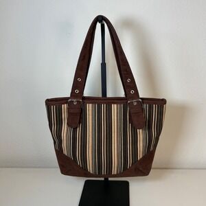 Claire's Striped Earth Tone Tote Bag Brown Faux Suede Trim Top Zip Small